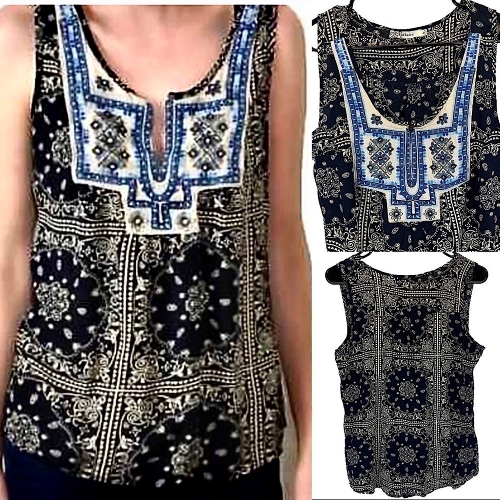 Laffaire Top Embroidered Sleeveless Blue Button Closure Shirt Size Large